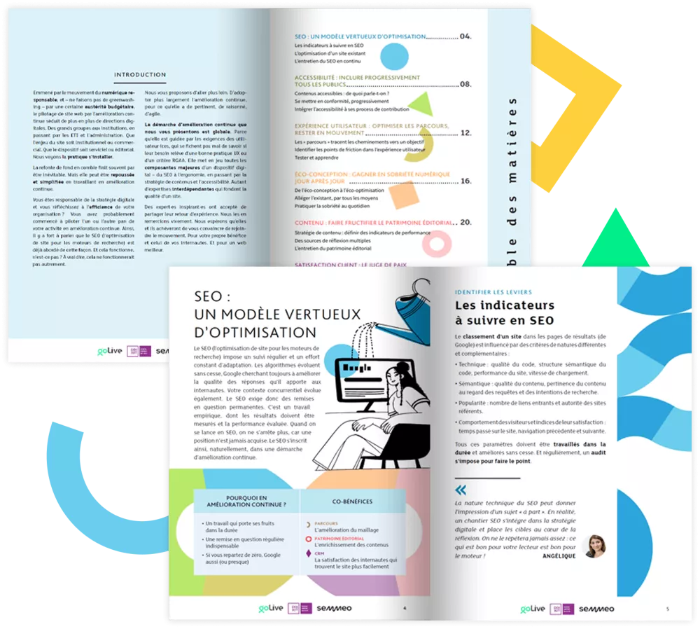Pages intérieures du livre blanc : introduction, table des matières et chapitre « SEO : un modèle vertueux d’optimisation ».