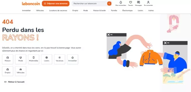 Page 404 du site leboncoin, « Perdu dans les rayons ! », avec l’en-tête et les catégories du site.